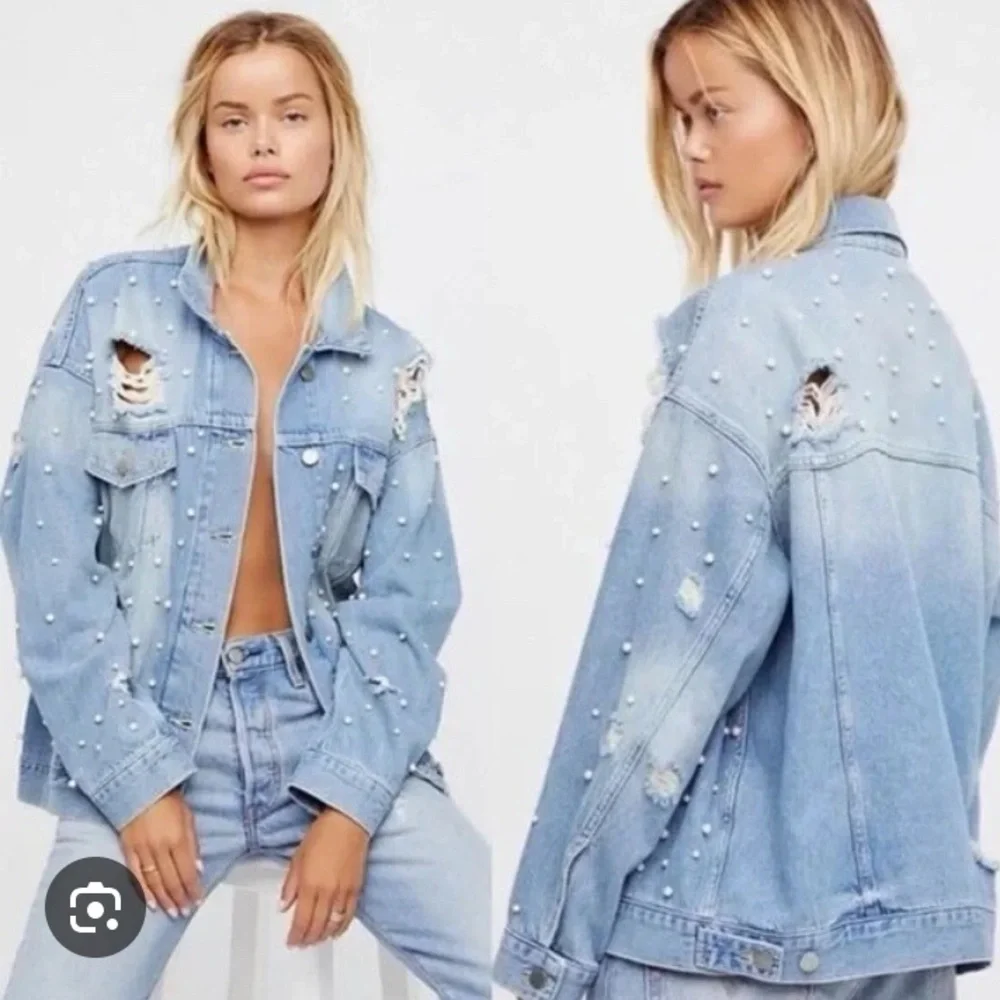 Free people Sunday funday pearl light Blue Denim Jacket with Pearls distressed - Picture 1 of 9